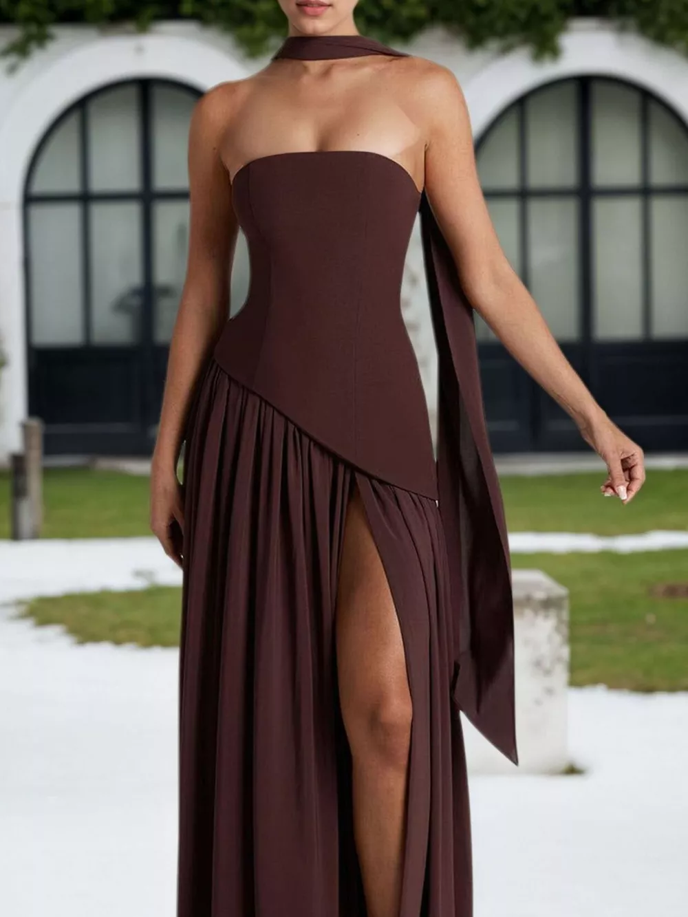 Slit Asymmetrical Two-Tone Tube Maxi Dress, image 4