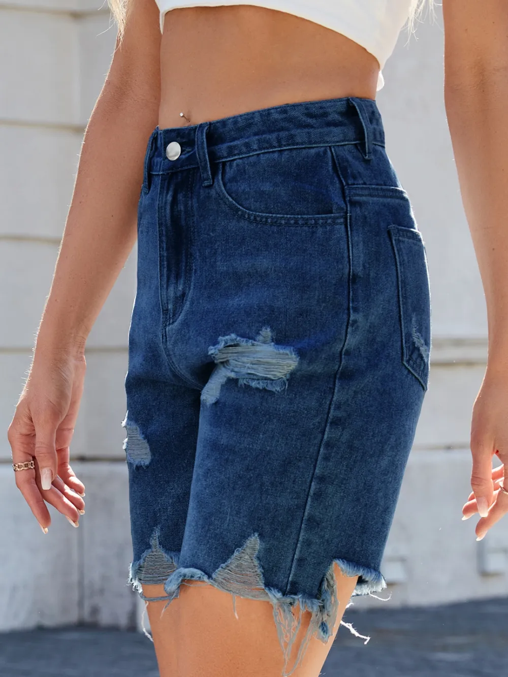 Distressed Raw Hem Denim Shorts, image 9