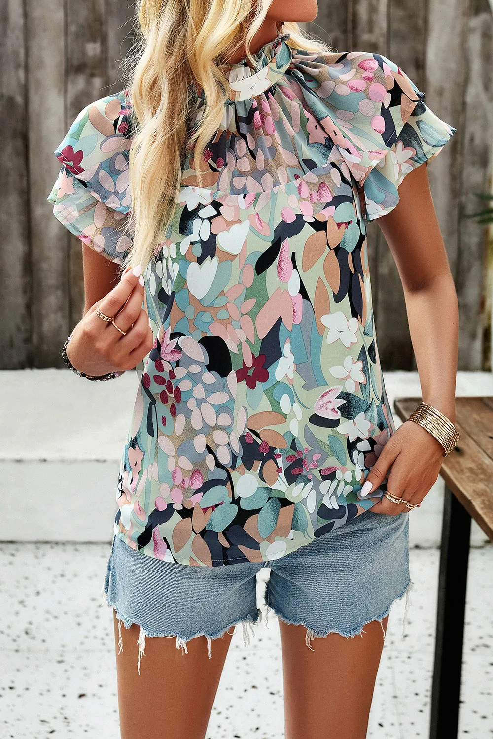 Printed Ruffled Mock Neck Blouse, image 11
