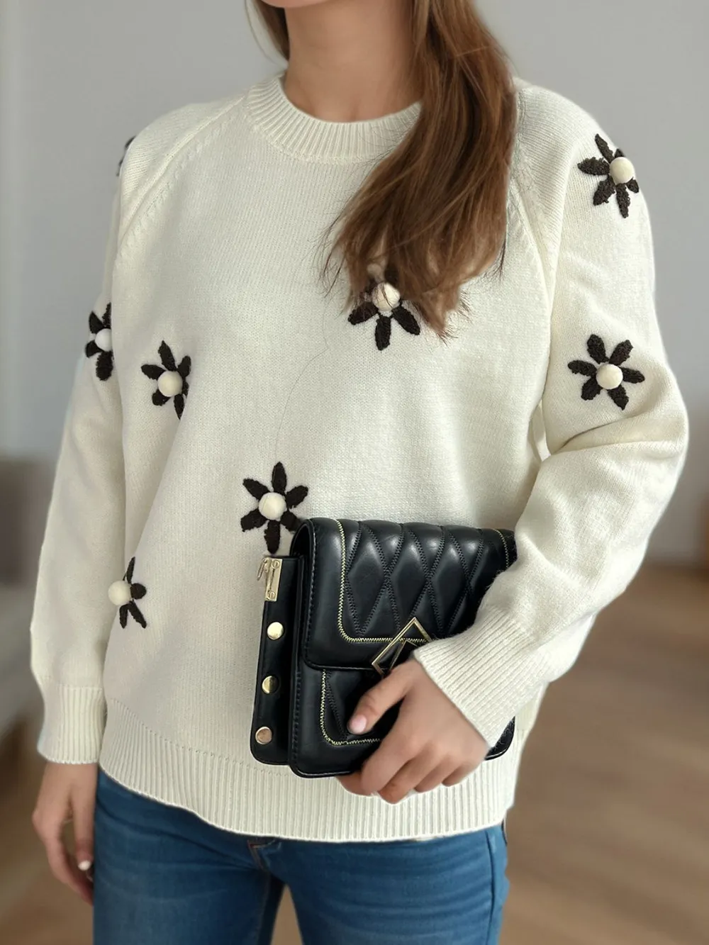 Flower Round Neck Raglan Sleeve Sweater, image 6