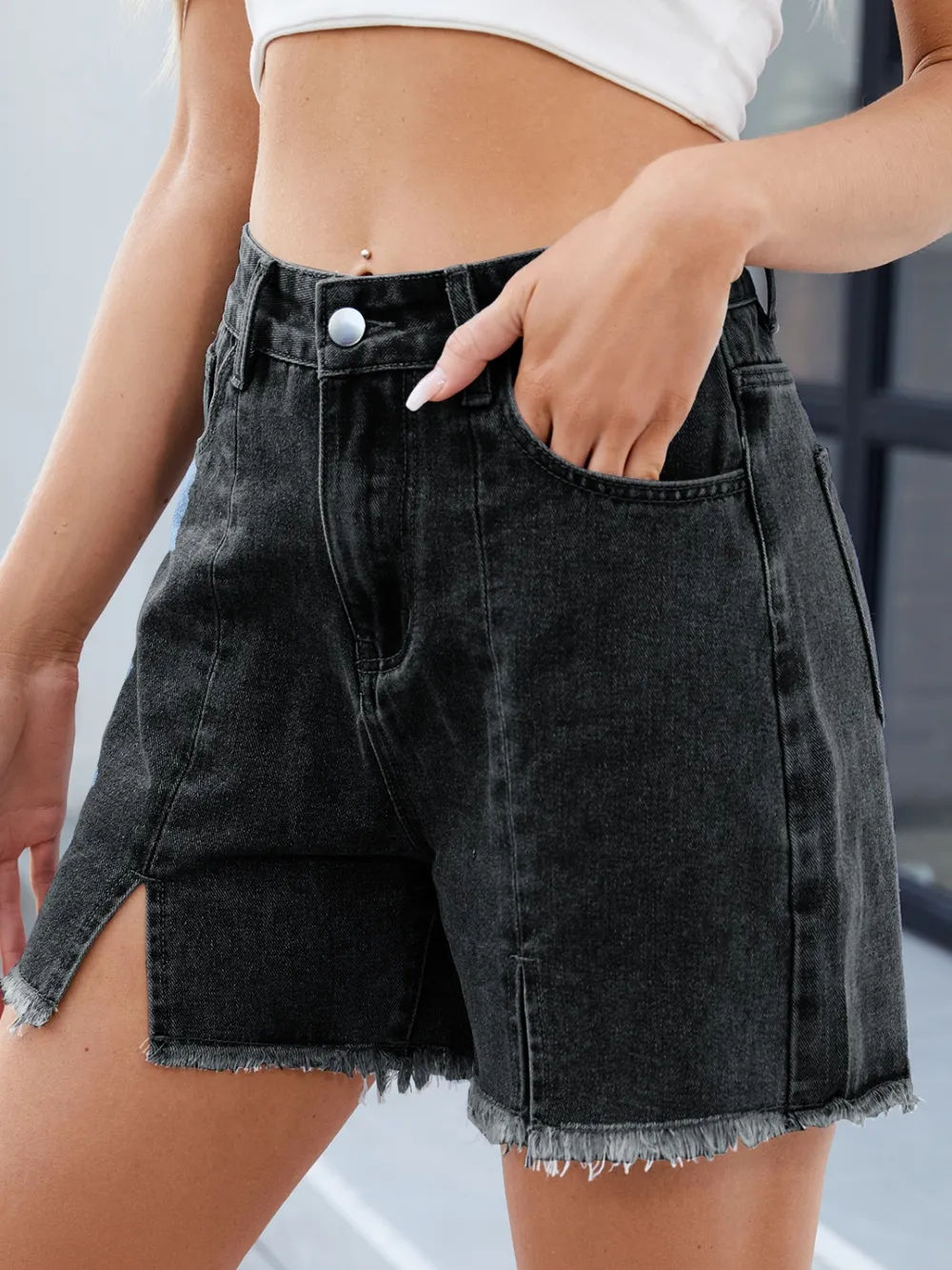 Raw Hem Slit Denim Shorts, image 10