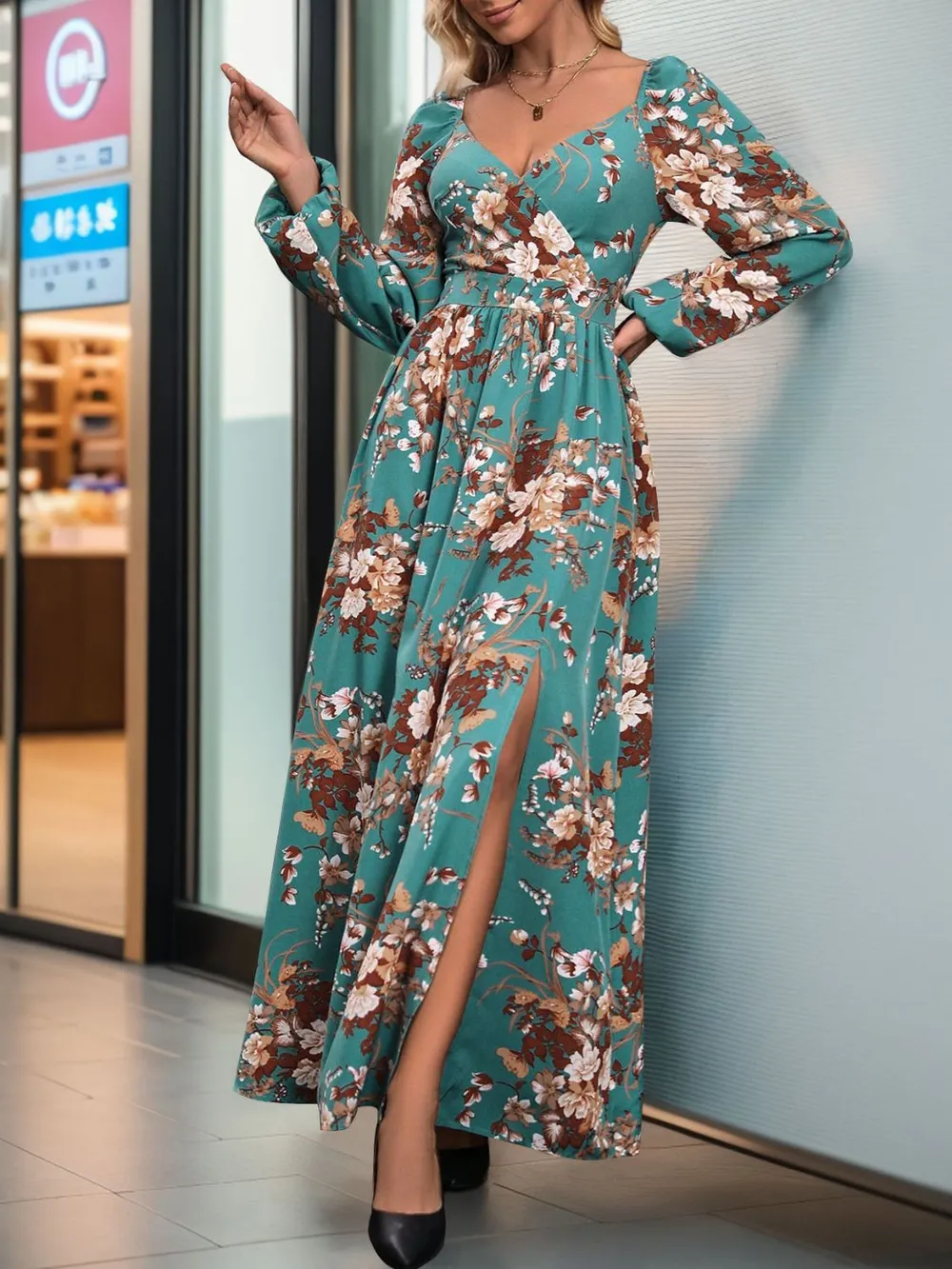 Slit Printed Surplice Long Sleeve Maxi Dress, image 5