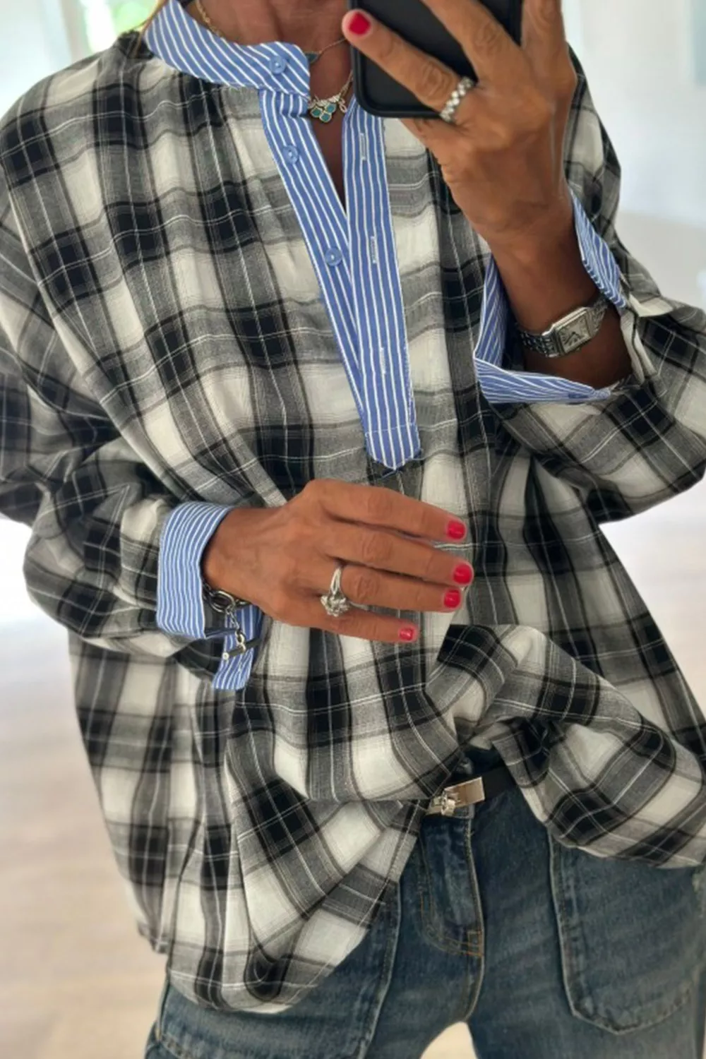 Contrast Striped Edge Half Placket Plaid Blouse, image 5