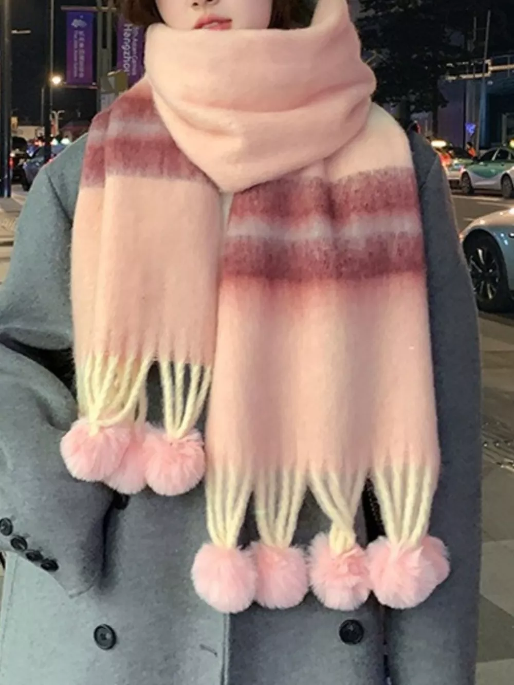 Striped Scarf with Pom-Poms, image 5