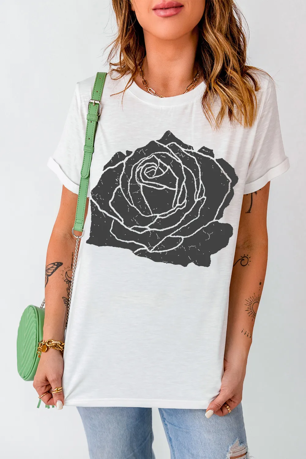 Rose Graphic Round Neck Short Sleeve T-Shirt, image 4