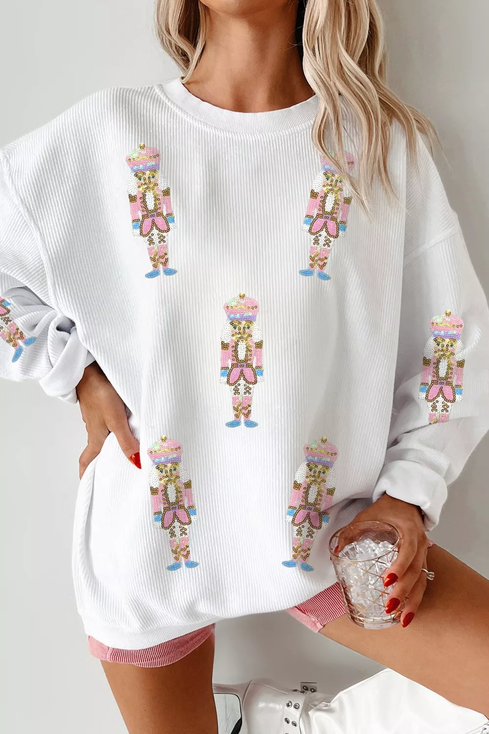 Full Size Corded Rib Sequin Patched Nutcracker Graphic Drop Shoulder Sweatshirt Plus Size, image 3