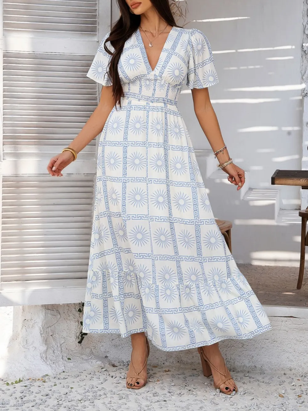 Smocked Printed V-Neck Short Sleeve Maxi Dress, image 2