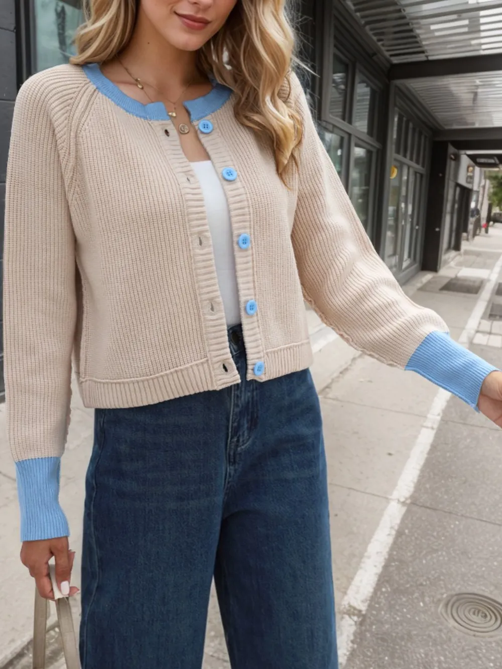 Contrast Button Up Long Sleeve Cardigan, image 4