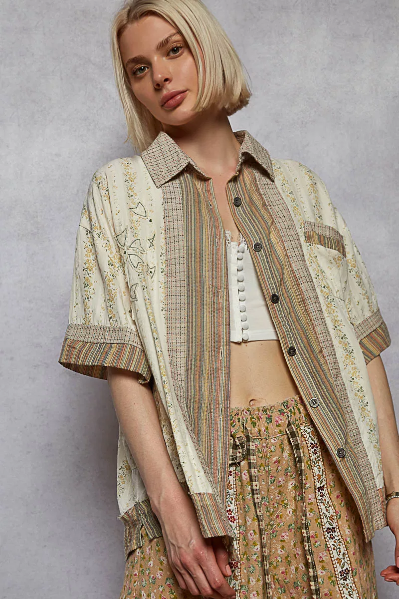Printed Button Down Patchwork Short Sleeve Shirt, image 2