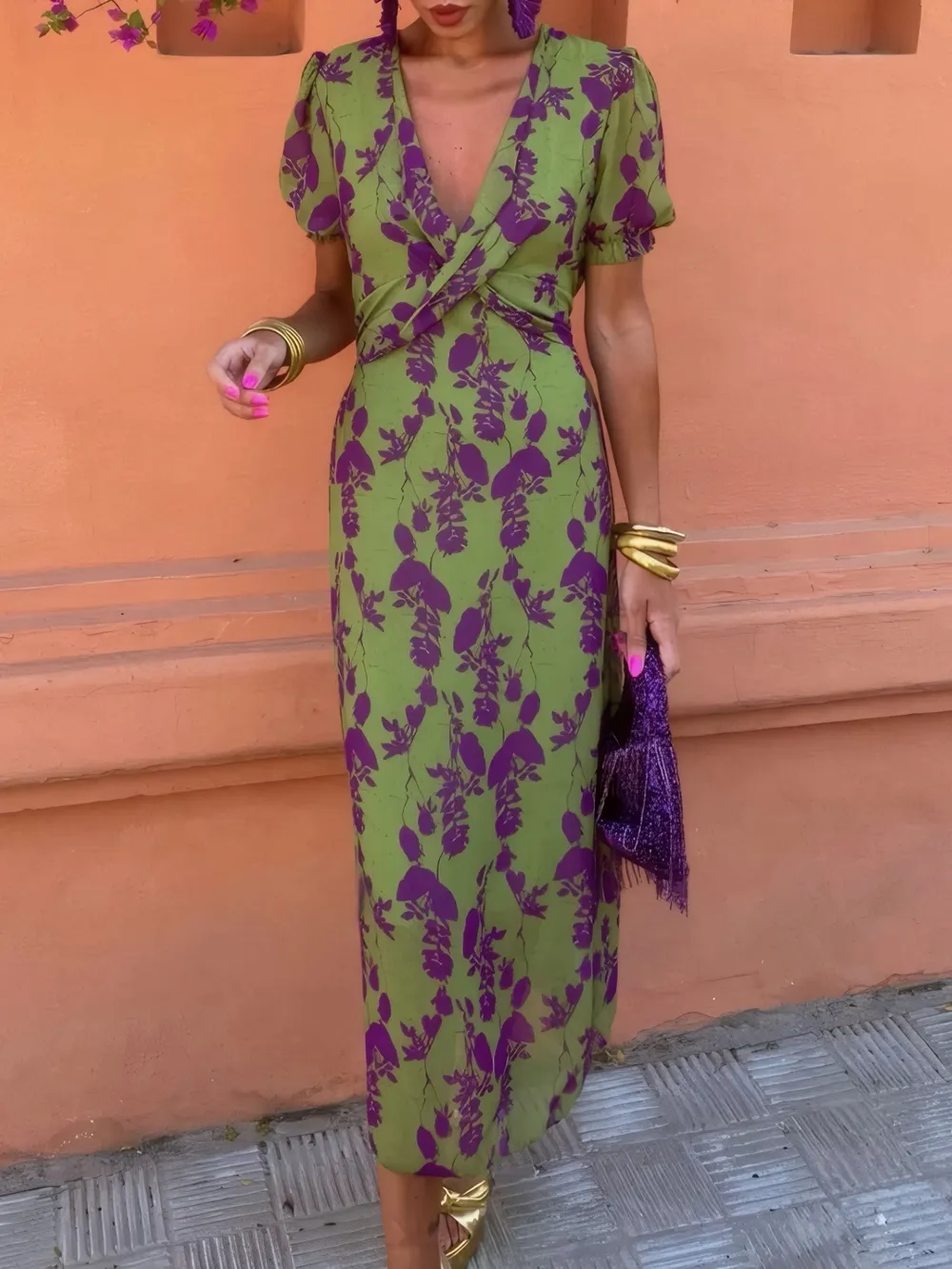 Printed Plunge Short Sleeve Midi Dress, image 4