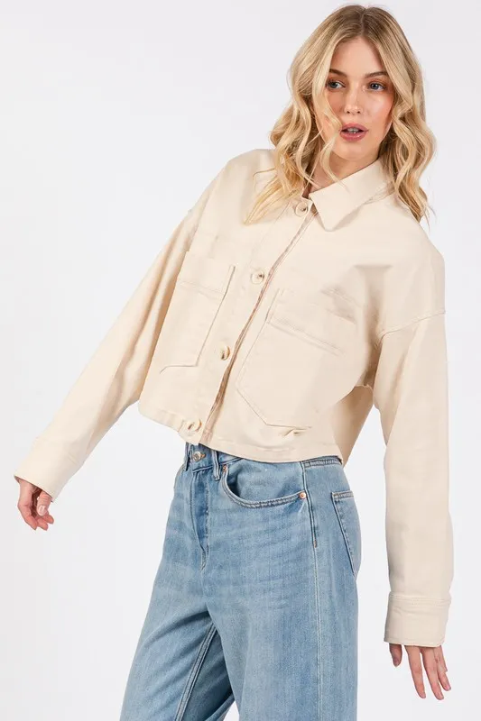Button Down Cropped Denim Jacket with Patch Pockets, image 4