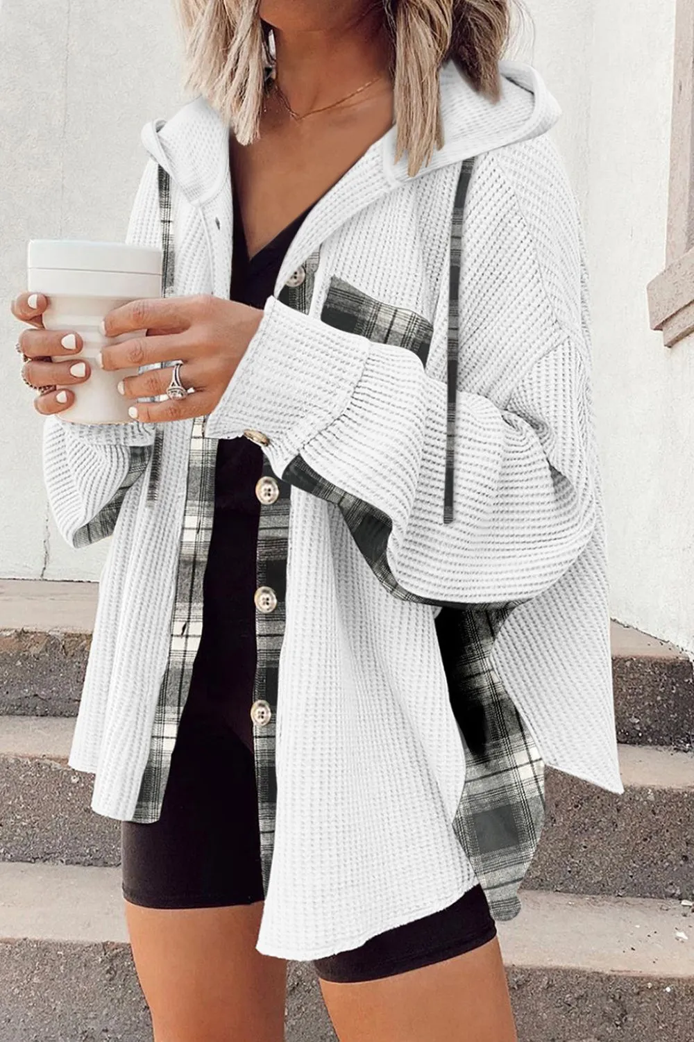 Waffle Knit Plaid Patchwork Drawstring Hooded Shacket, image 13