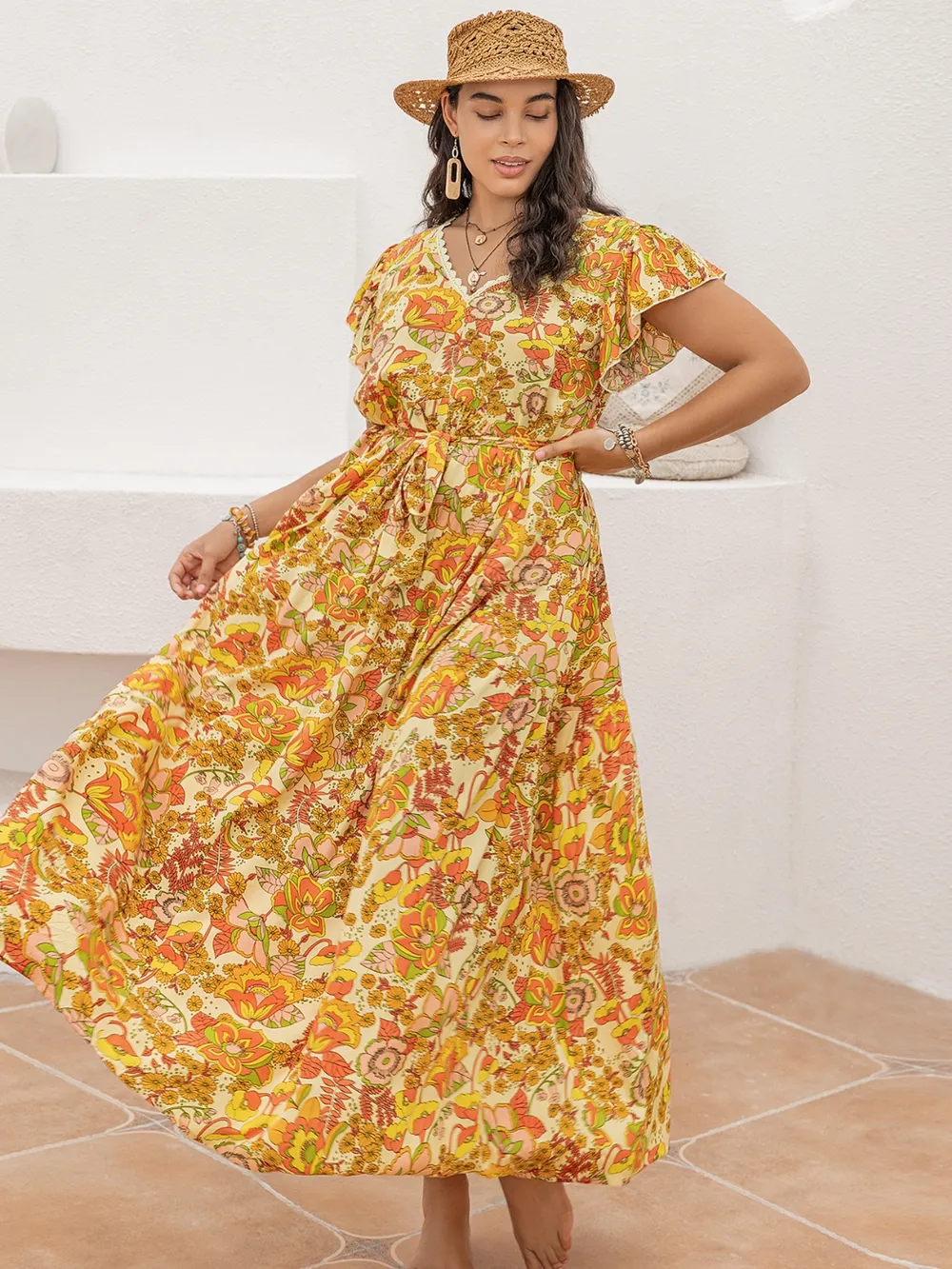 Plus Size Printed V-Neck Flutter Sleeve Tie Waist Maxi Dress, image 6