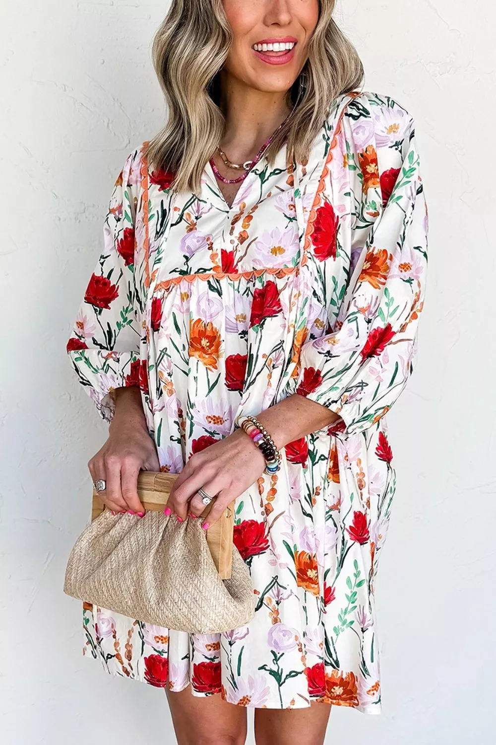 Floral Print 3/4 Puff Sleeve Ricrac Trim Mini Dress, image 4