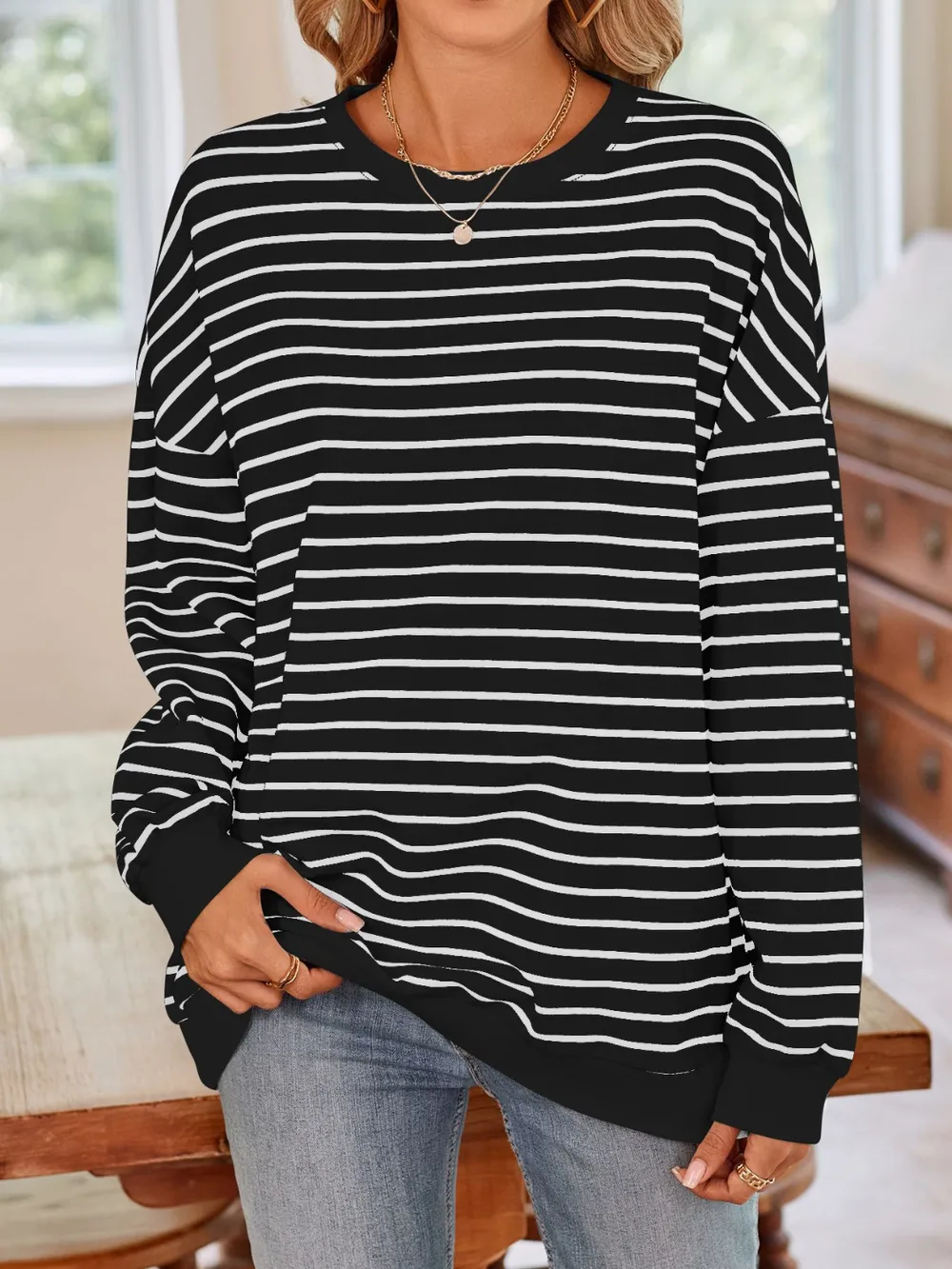 Striped Round Neck Long Sleeve Sweatshirt, image 30