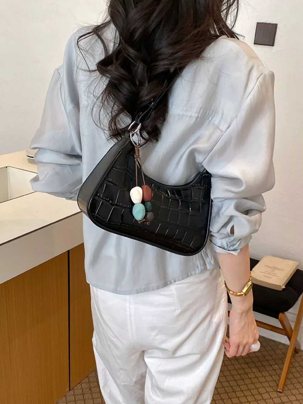 Textured PU Leather Shoulder Bag, image 5