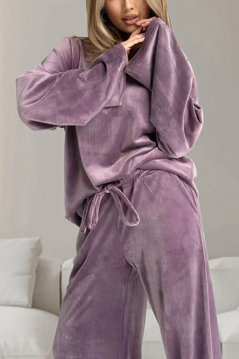 Buttery-Soft Round Neck Long Sleeve Top and Drawstring Pants Set, image 4