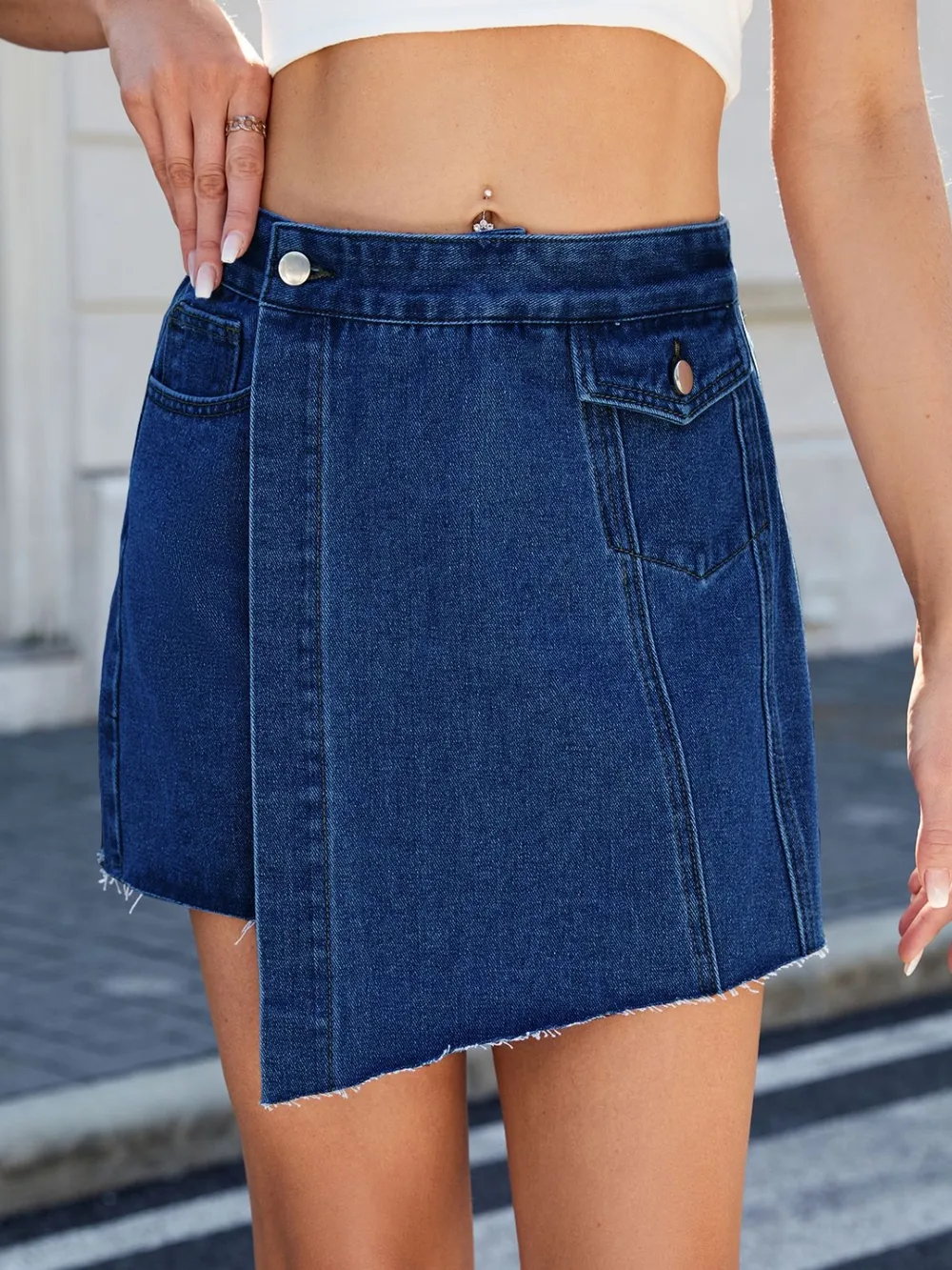 Frayed Hem Asymmetrical Denim Skort, image 8