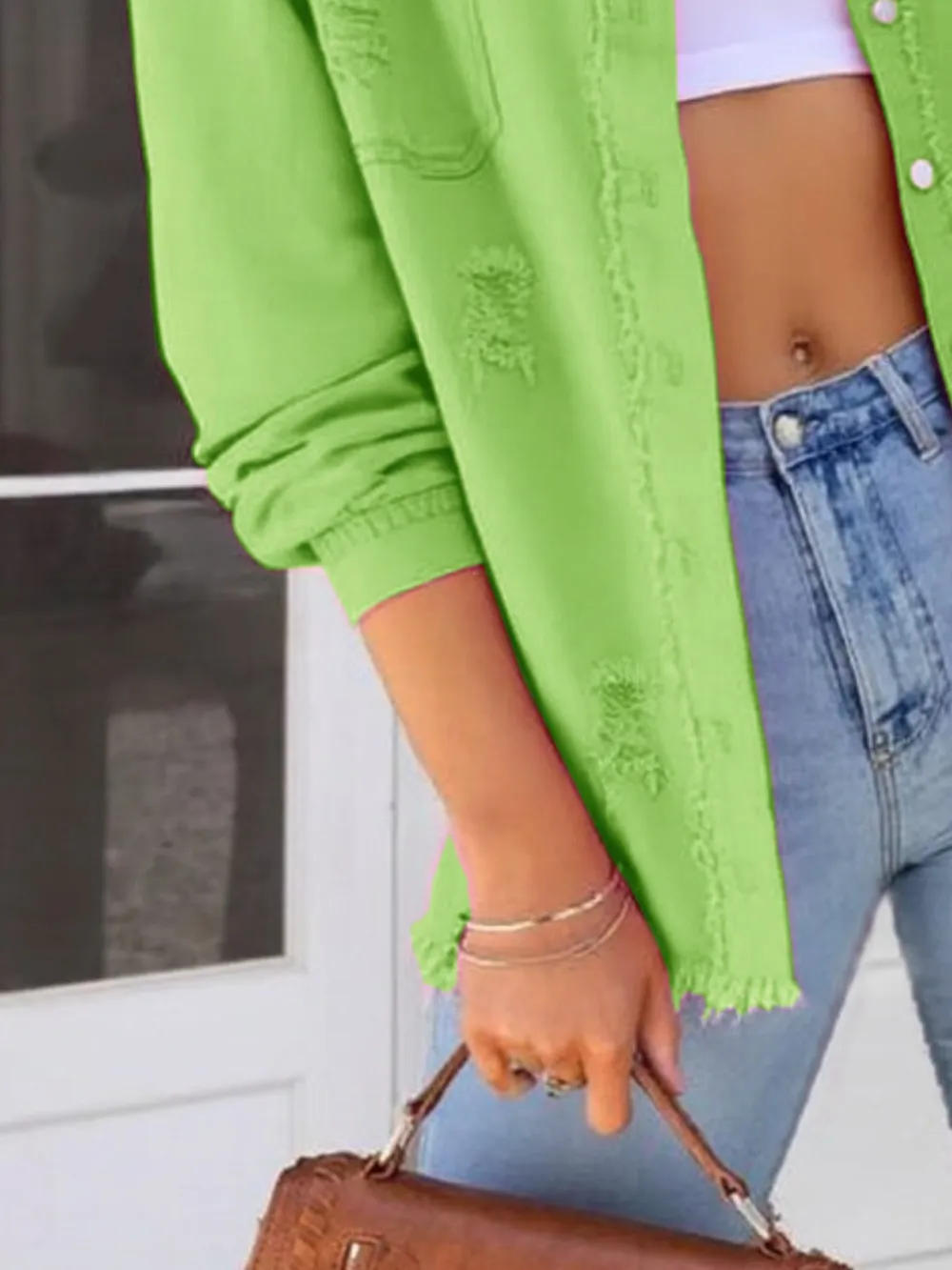 Distressed Denim Jacket with Frayed Edges, image 13