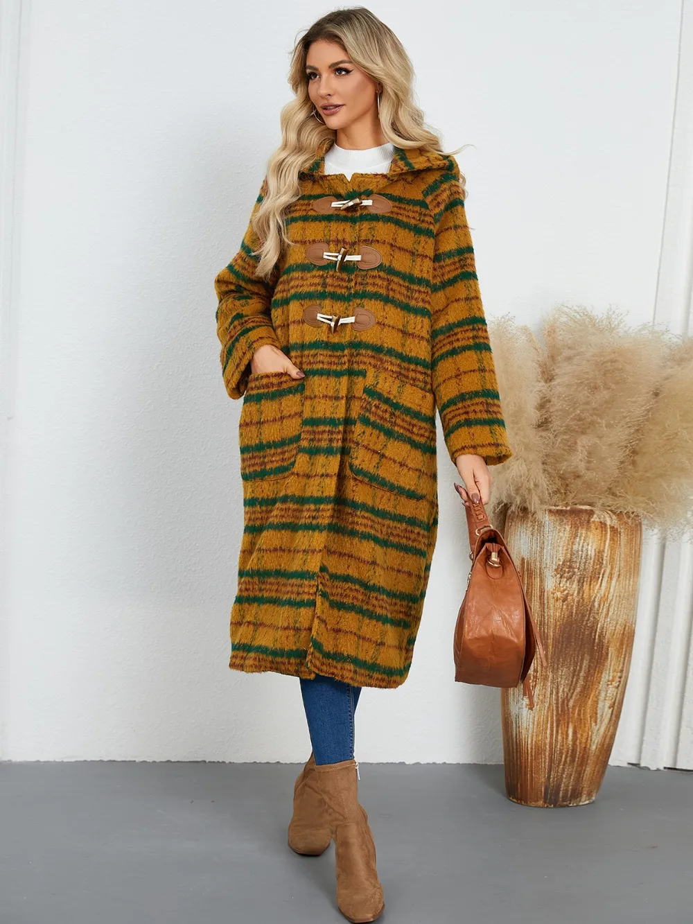 Plaid Long Sleeve Hooded Coat with Pockets, image 14