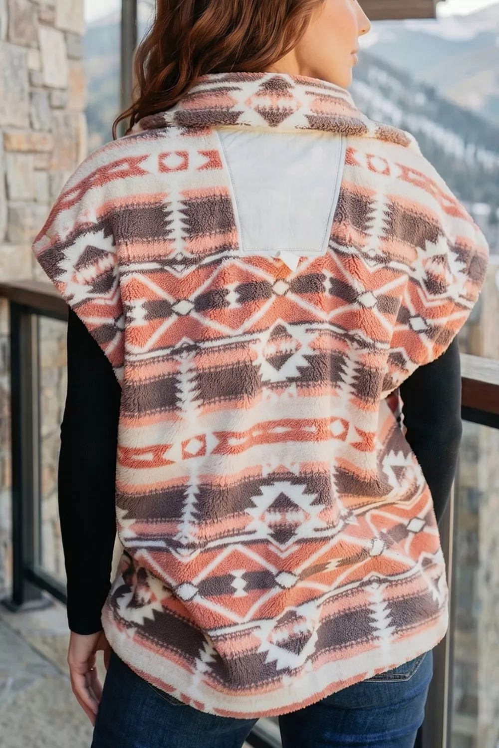 Geometric Print Fleece Metal Button Placket Shift Silhouette Vest, image 3