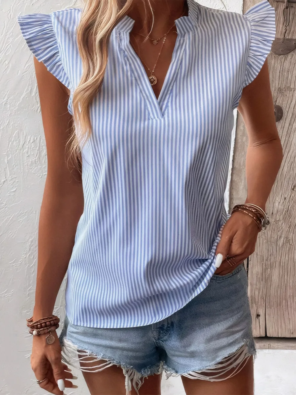 Striped Notched Cap Sleeve Blouse, image 2