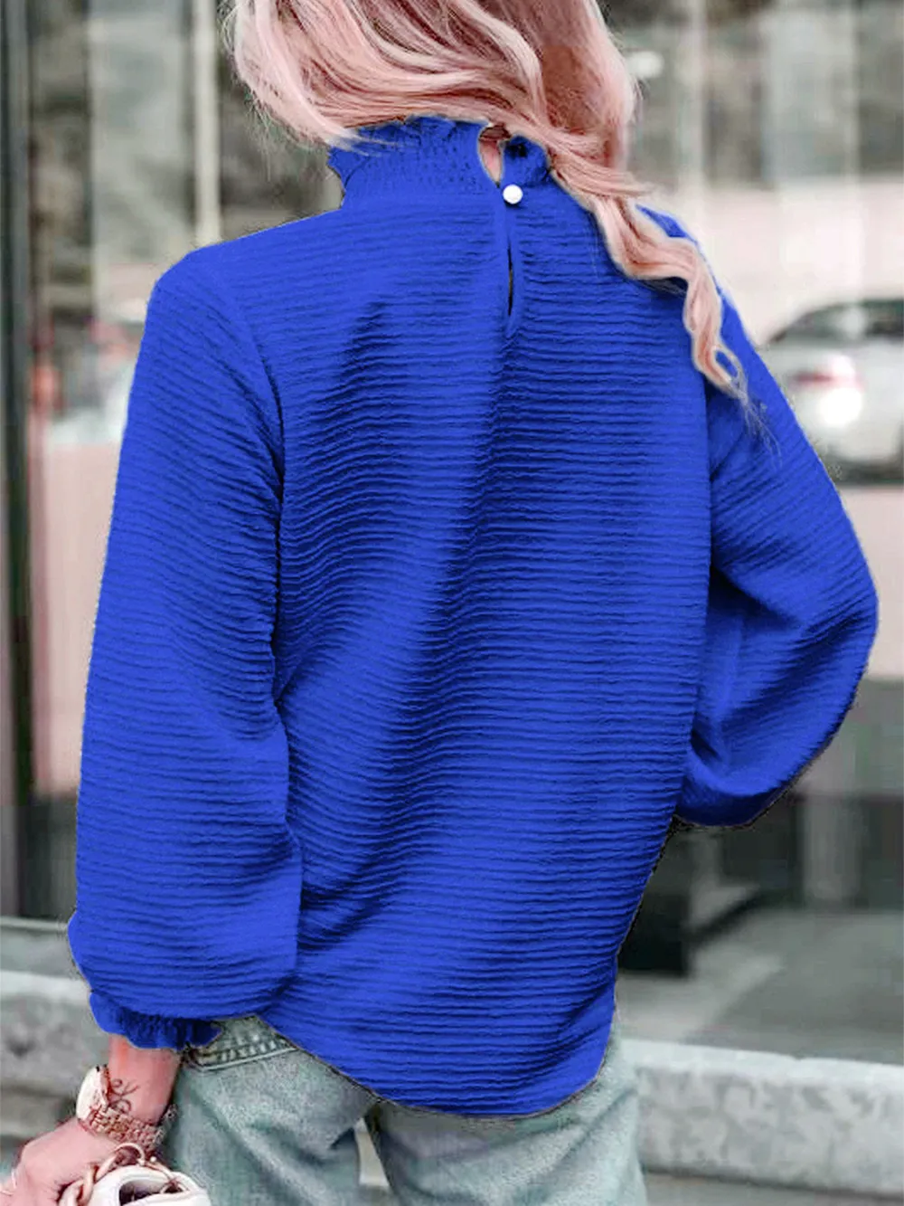 Smocked Frill Mock Neck Long Sleeve Blouse, image 13