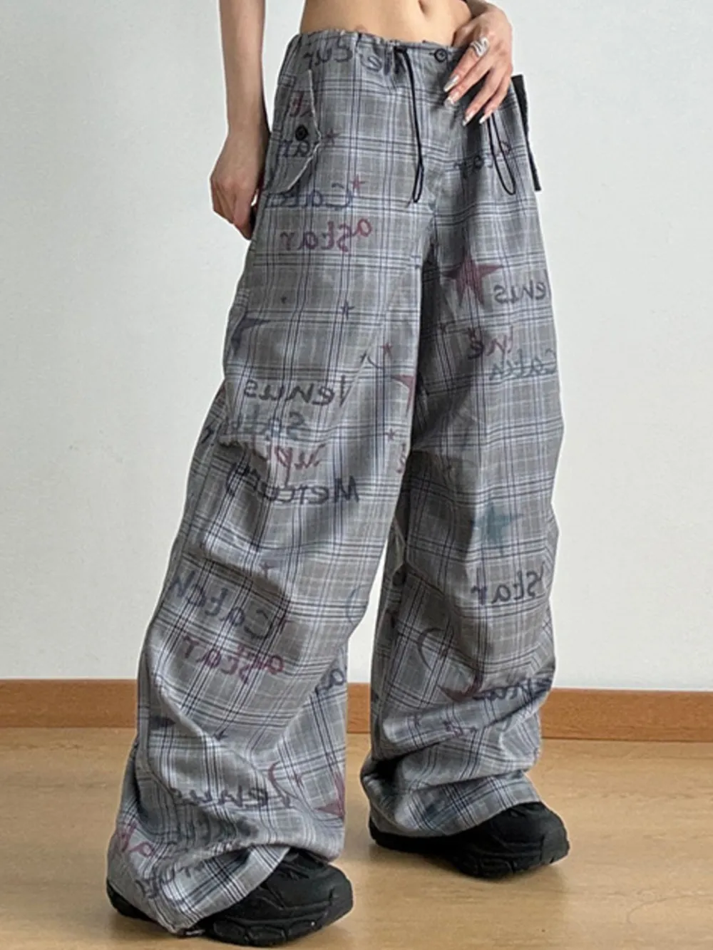 Drawstring Plaid Wide Leg Pants, image 4