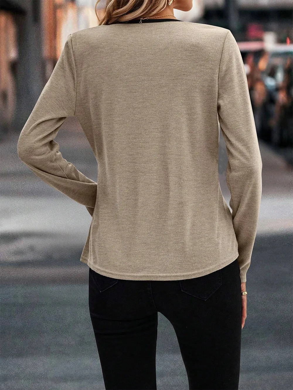 Full Size Crisscross Contrast Trim Long Sleeve T-Shirt, image 4