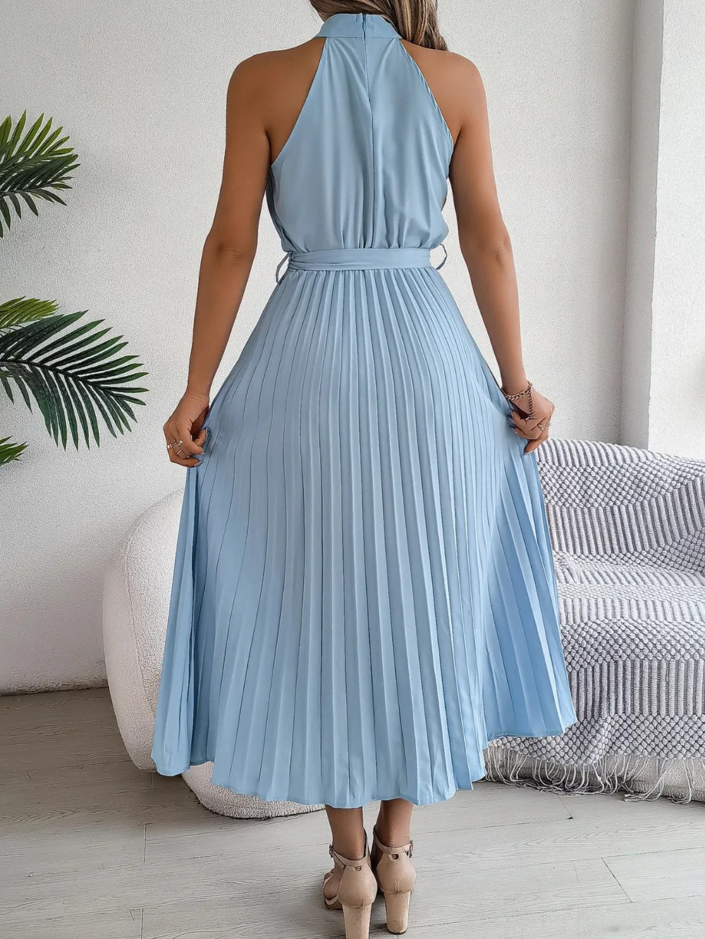 Grecian Neck Tie Waist Pleated Dress, image 6