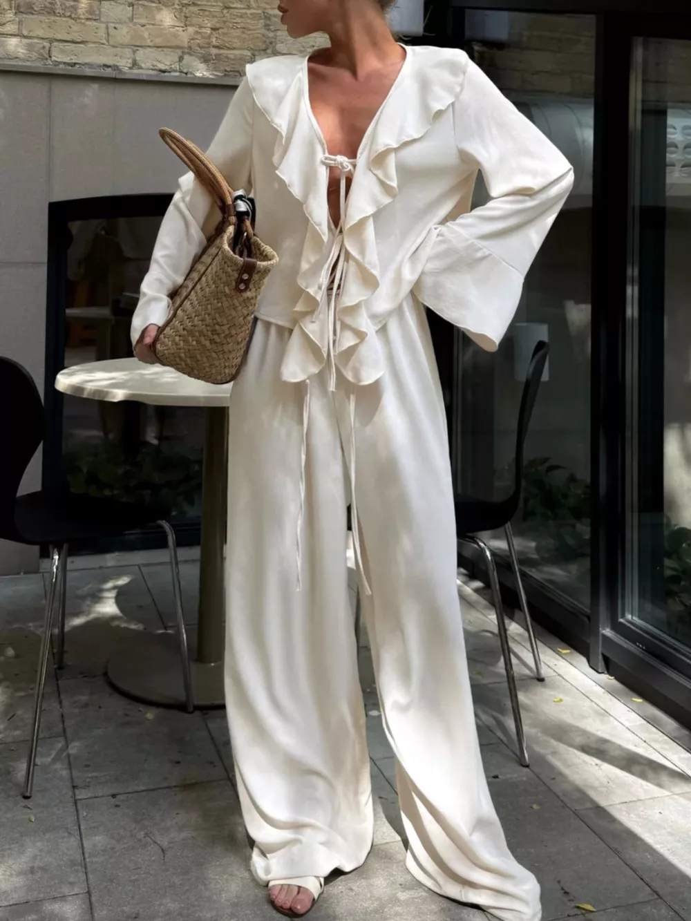 Ruffle Trim Tie Front Top and Pants Set, image 5