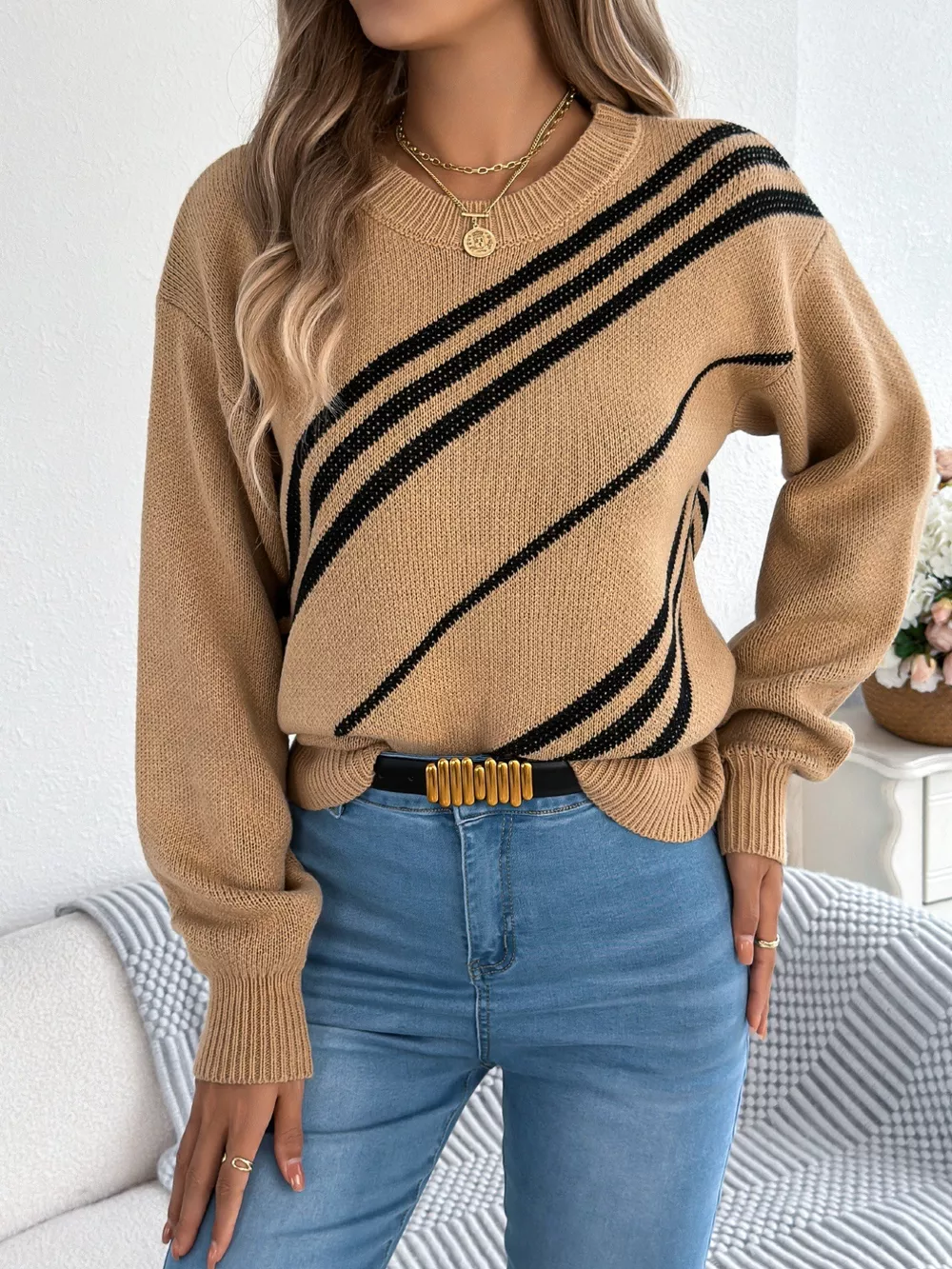 Striped Pattern Casual Round Neck Sweater, image 4