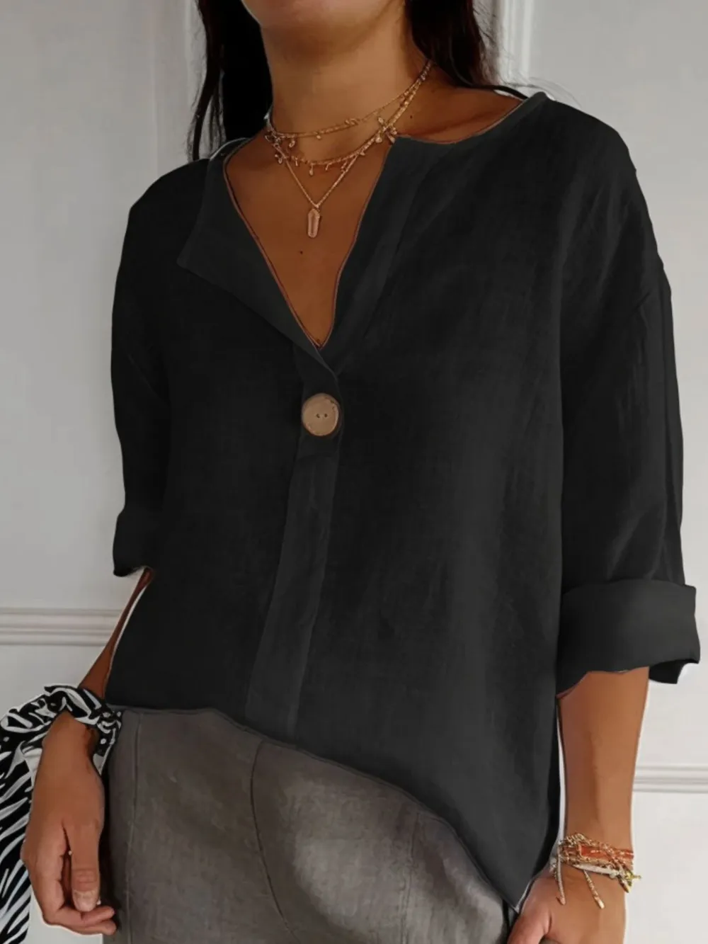 Full Size Linen Blend Notched Blouse Plus Size, image 14
