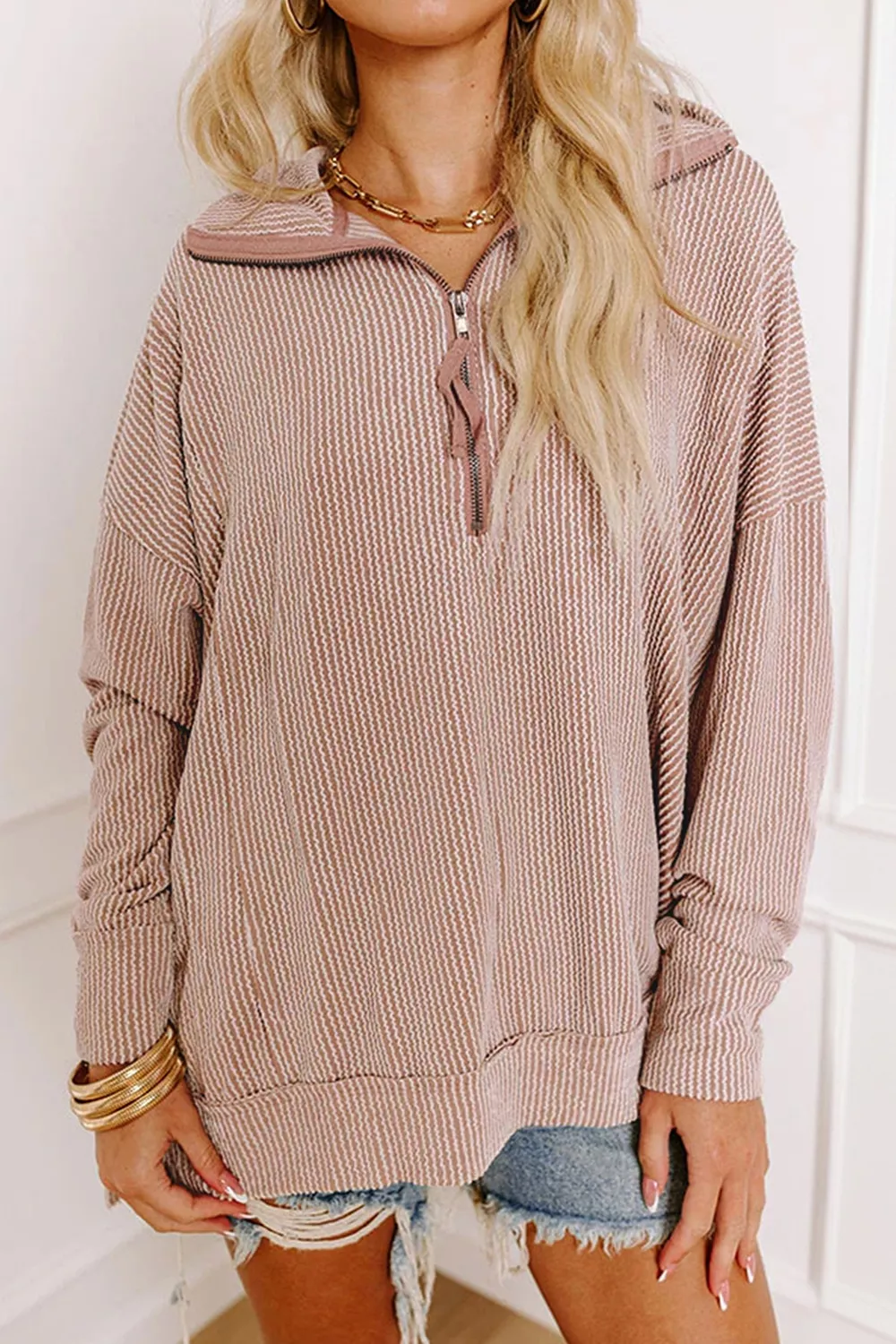Twist Ribbed Zipper Collar Drop Shoulder Long Sleeve Top, image 3