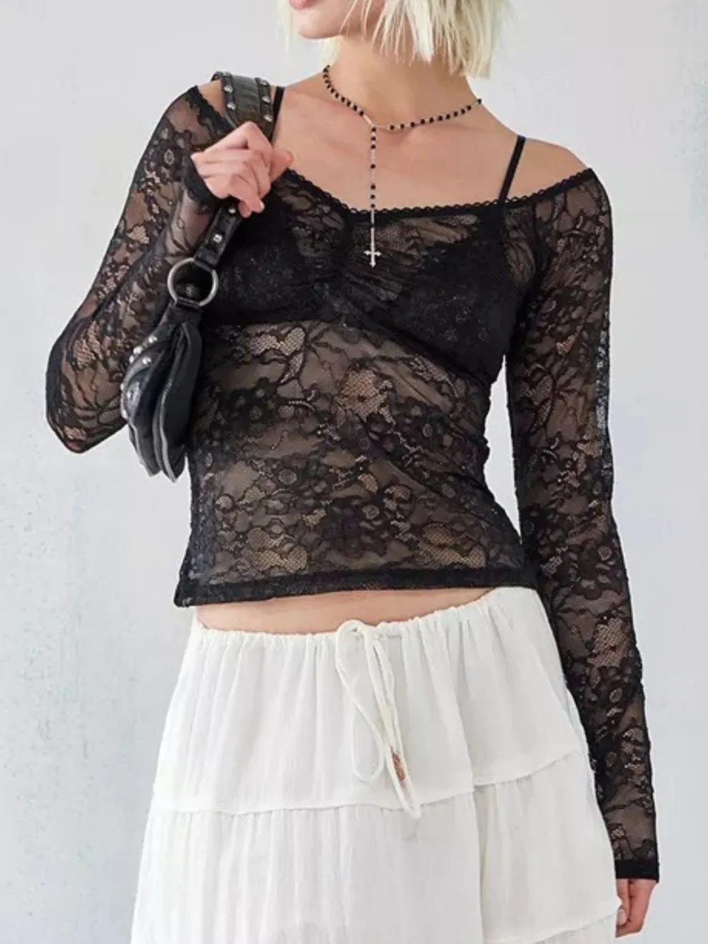 Lace Sheer Long Sleeve T-Shirt, image 3