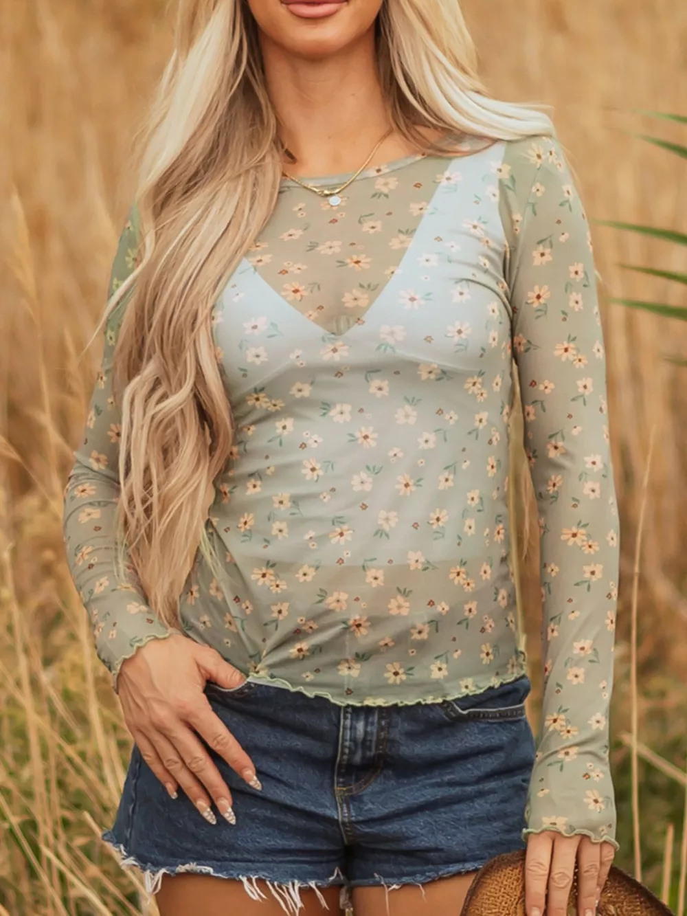 Floral Print Mesh Long Sleeve Top, image 5