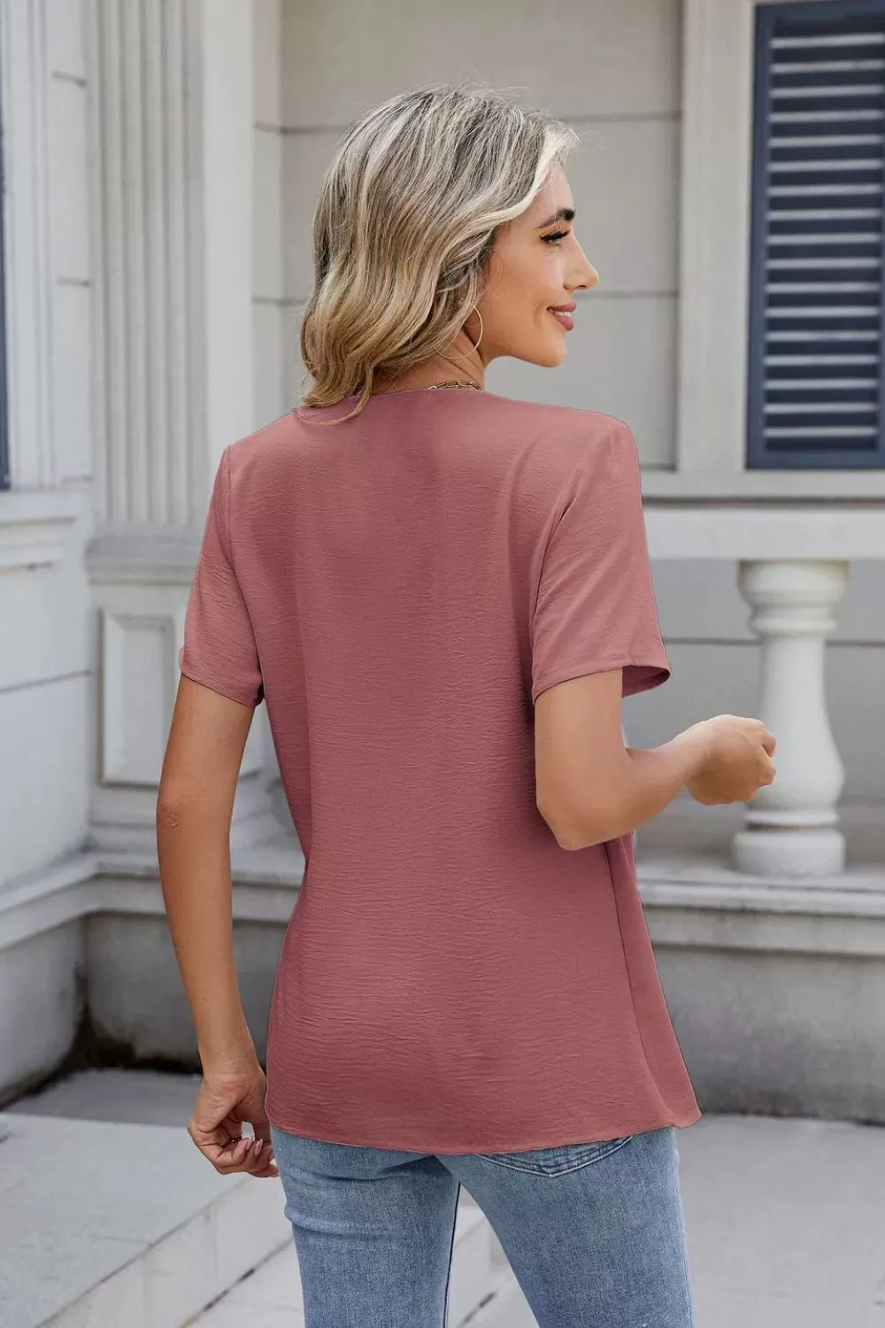 Solid Color Surplice Short Sleeve Blouse, image 7