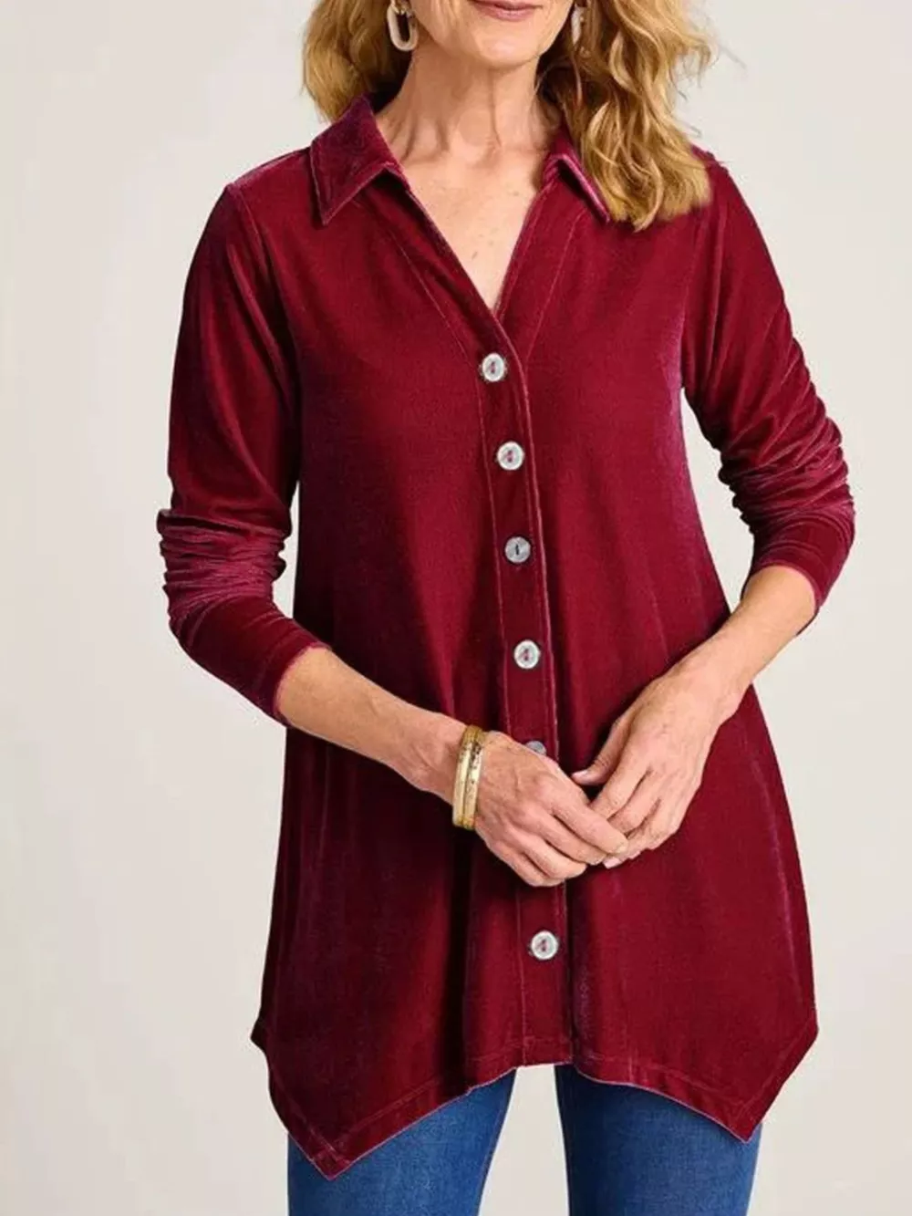 Velvet Button-Down Long Sleeve Shirt with Asymmetrical Hemline, image 5