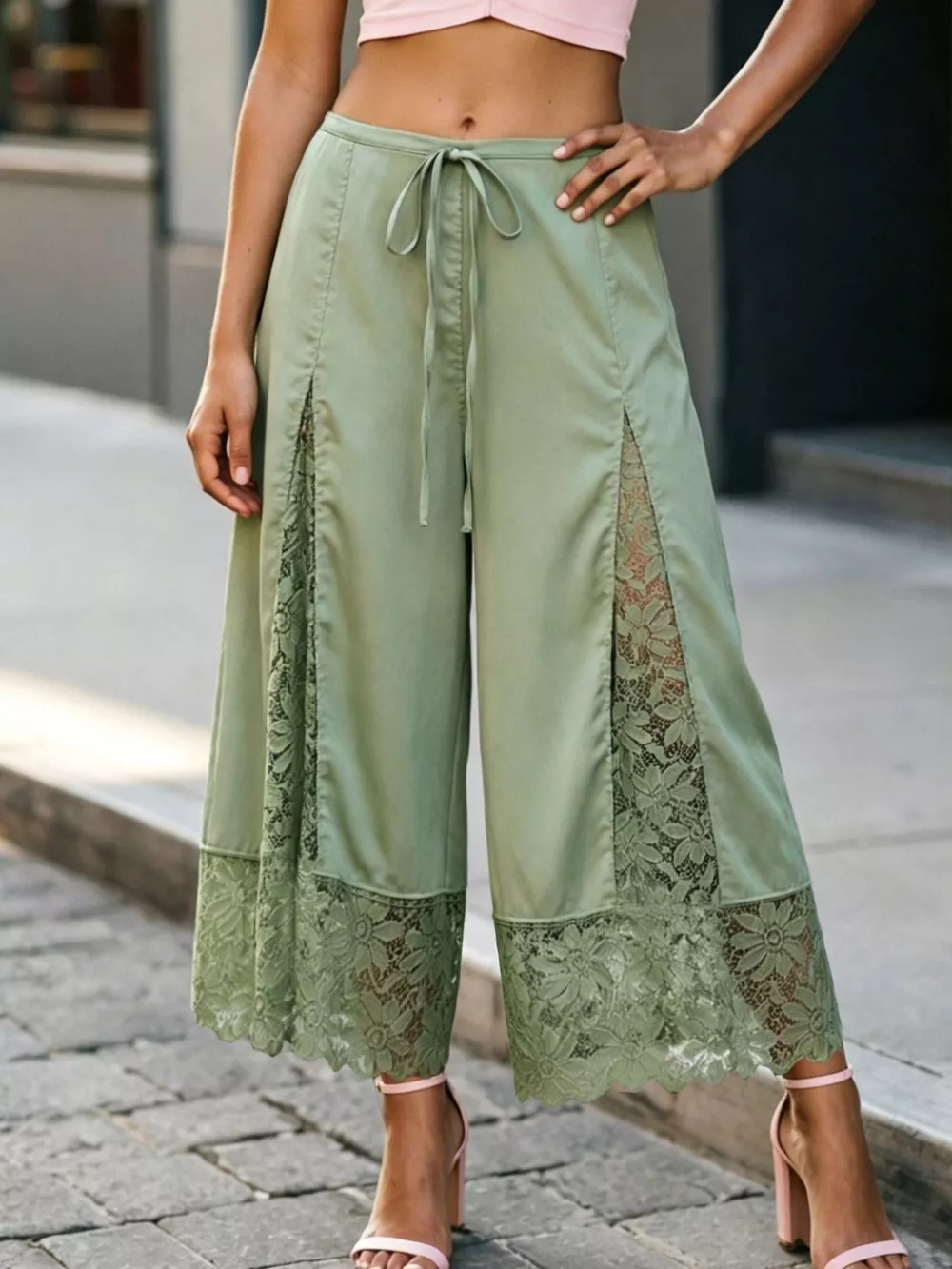 Lace Trim Wide-Leg Cropped Pants, image 19
