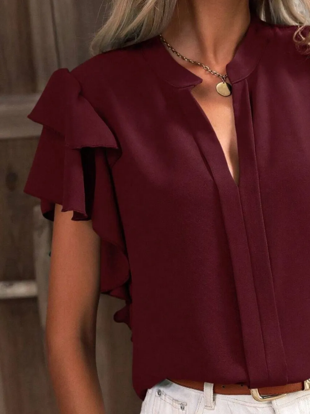 Ruffle Sleeve Notched Blouse, image 12