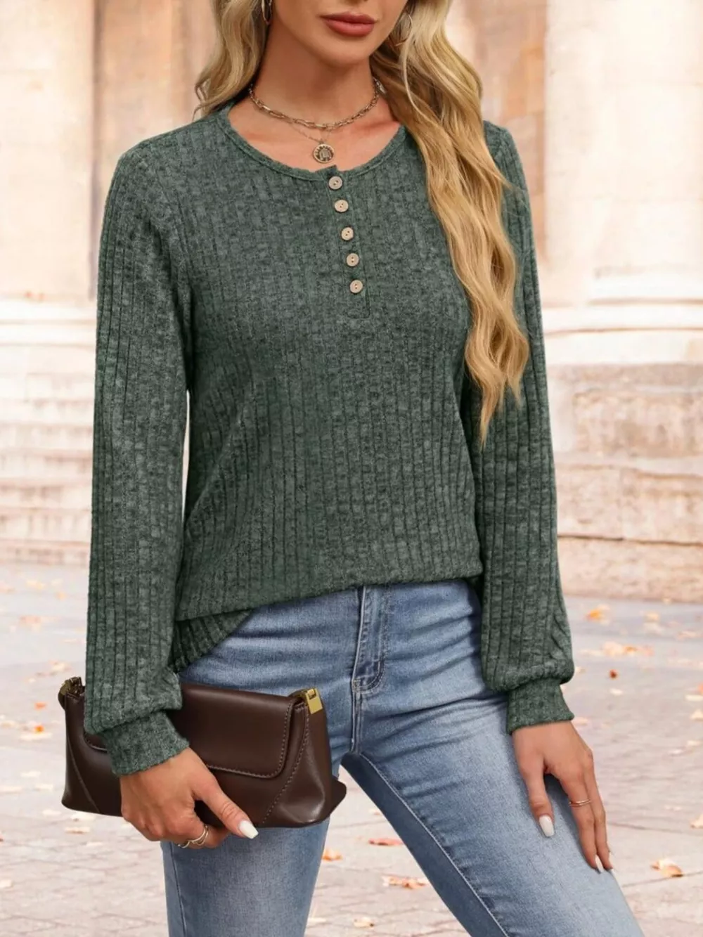 Ribbed Knit Button-Front Long Sleeve T-Shirt, image 18
