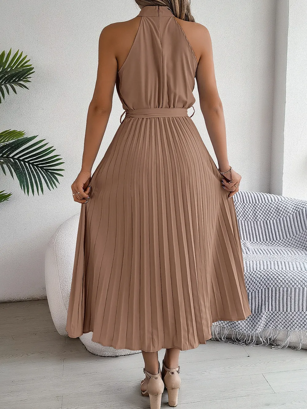 Grecian Neck Tie Waist Pleated Dress, image 15