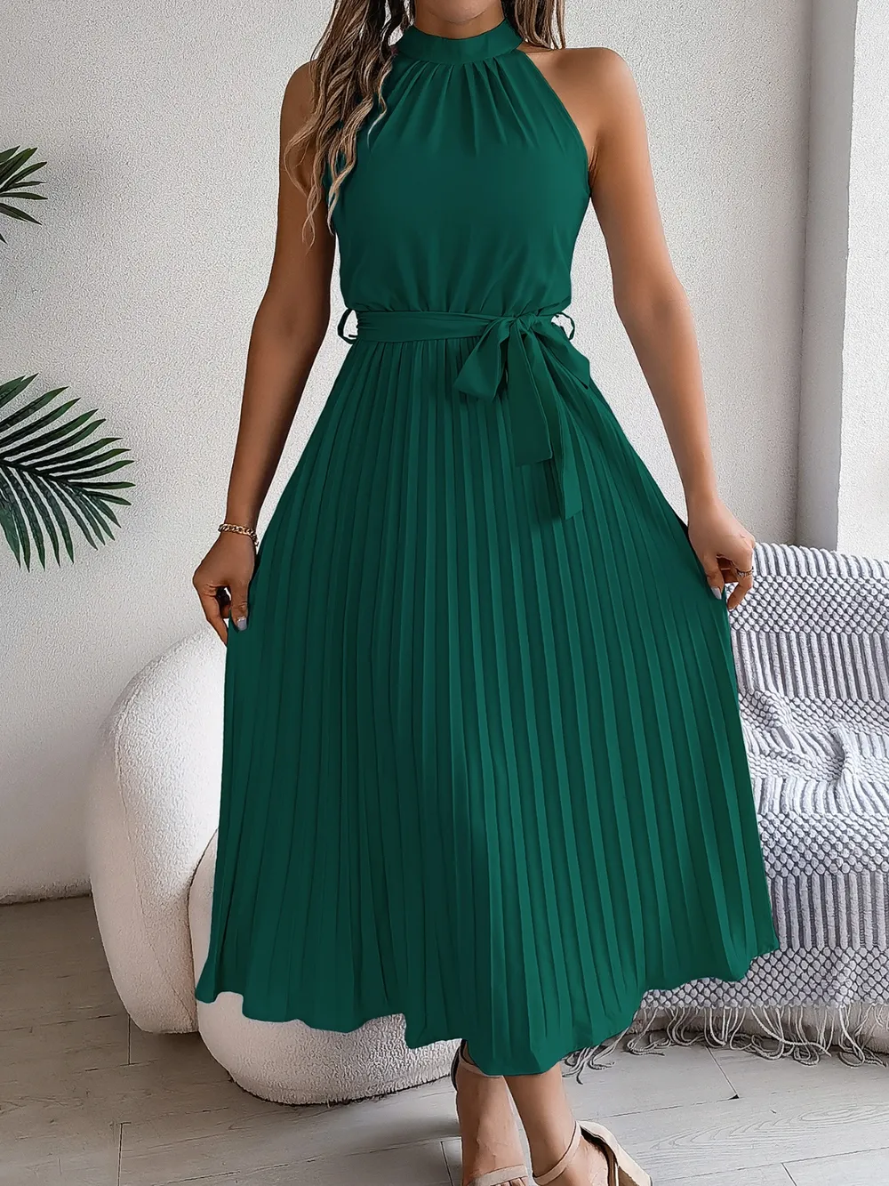Grecian Neck Tie Waist Pleated Dress, image 12