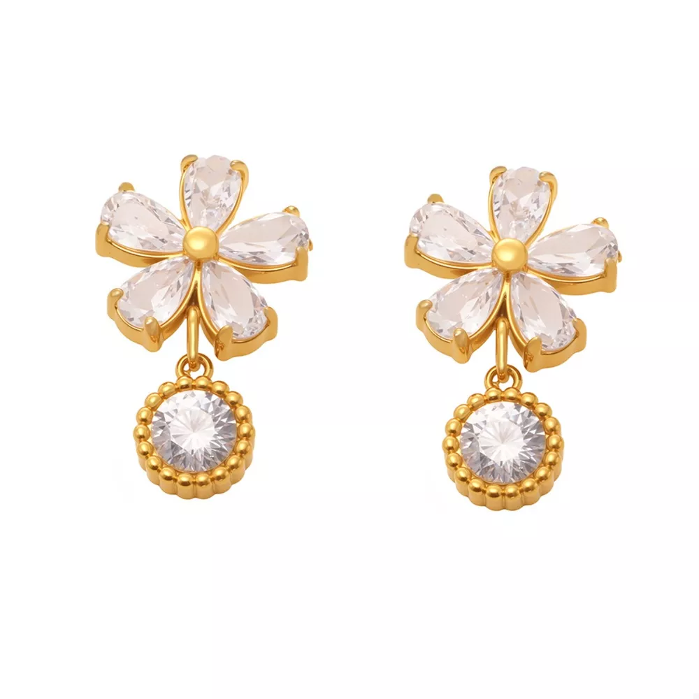 18K Gold-Plated Stainless Steel Zircon Flower Drop Earrings, image 6