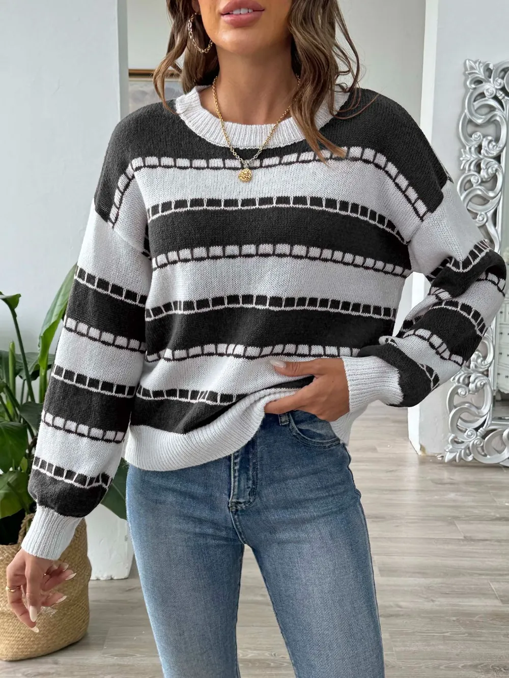 Striped Round Neck Long Sleeve Sweater, image 8