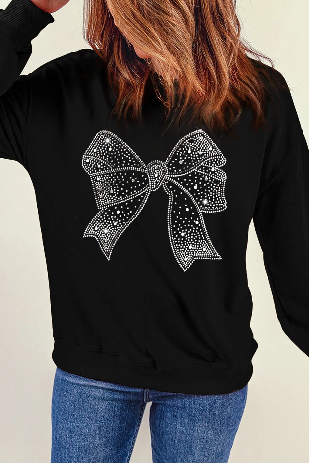 Rhinestone Bow Round Neck Long Sleeve Sweatshirt, image 3
