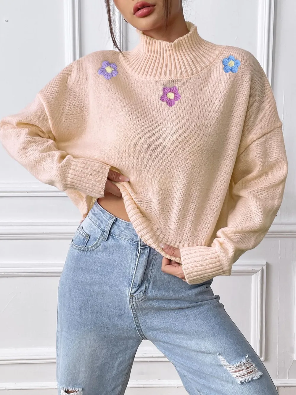 Flower Turtleneck Long Sleeve Sweater, image 4