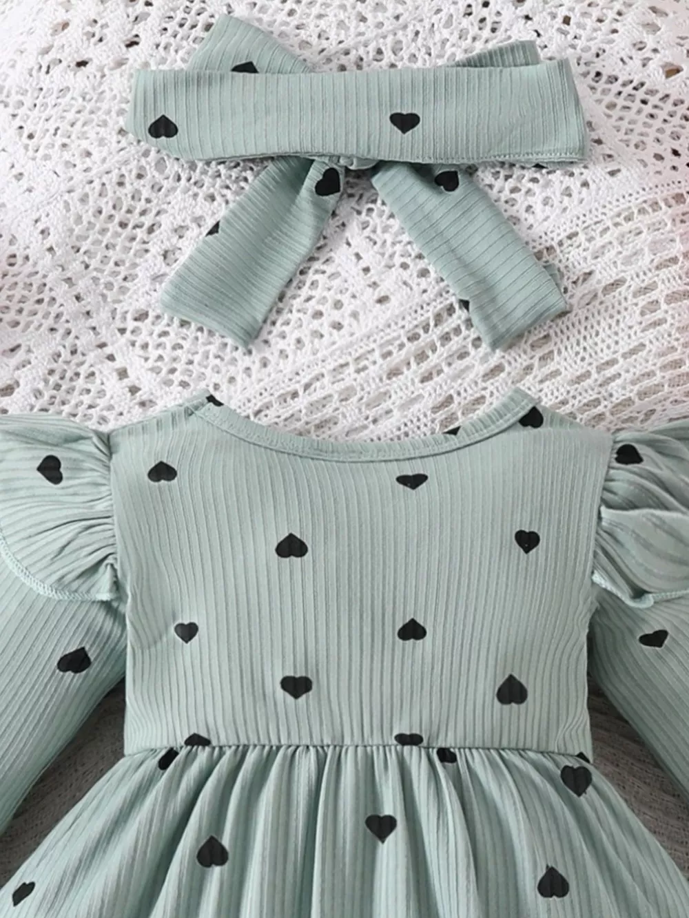 Children's Heart Print Ruffle Trim Bodysuit Dress with Headband, image 12