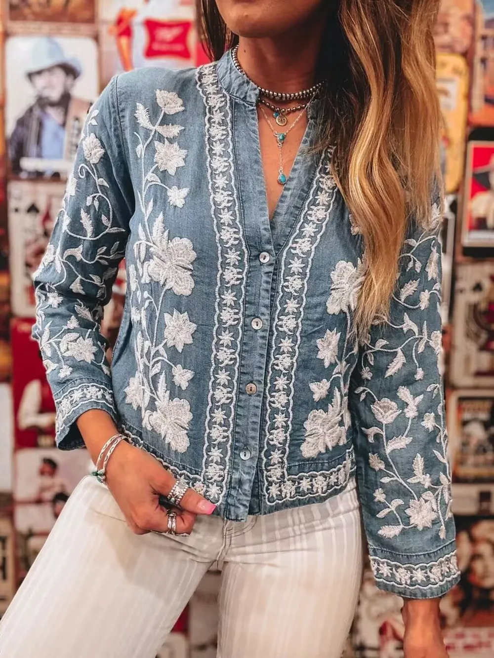 Floral Embroidered Button Up Denim Shirt, image 7