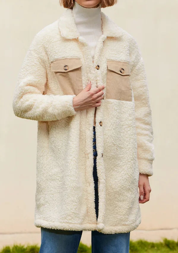 Collared Neck Long Sleeve Longline Teddy Jacket, image 16